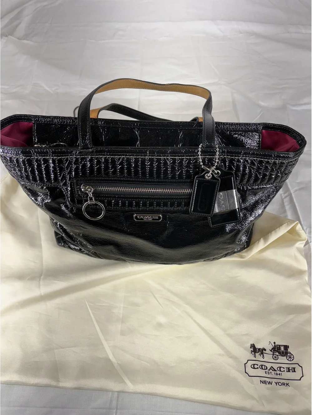 Coach Black Poppy Daisy Liquid Gloss Bag with Pink Lining. Dust Bag And Tags